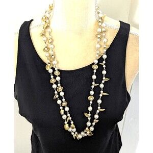 Vintage 62" Faux Pearl Gold Tone Shell Necklace Beachy Coastal Statement Long